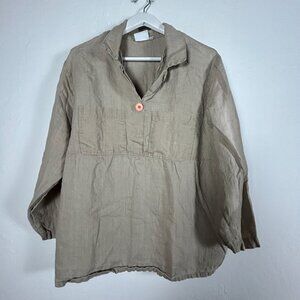Hot Cotton Womens Beige Long Sleeve Popover Top 1X Collared Pockets Lightweight